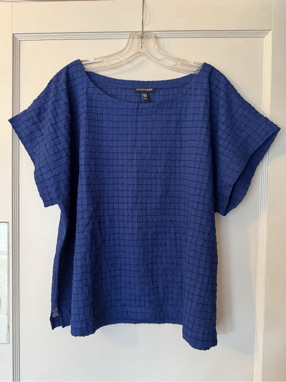 Eileen Fisher blue cotton box top blouse Large textural checked weave boxy